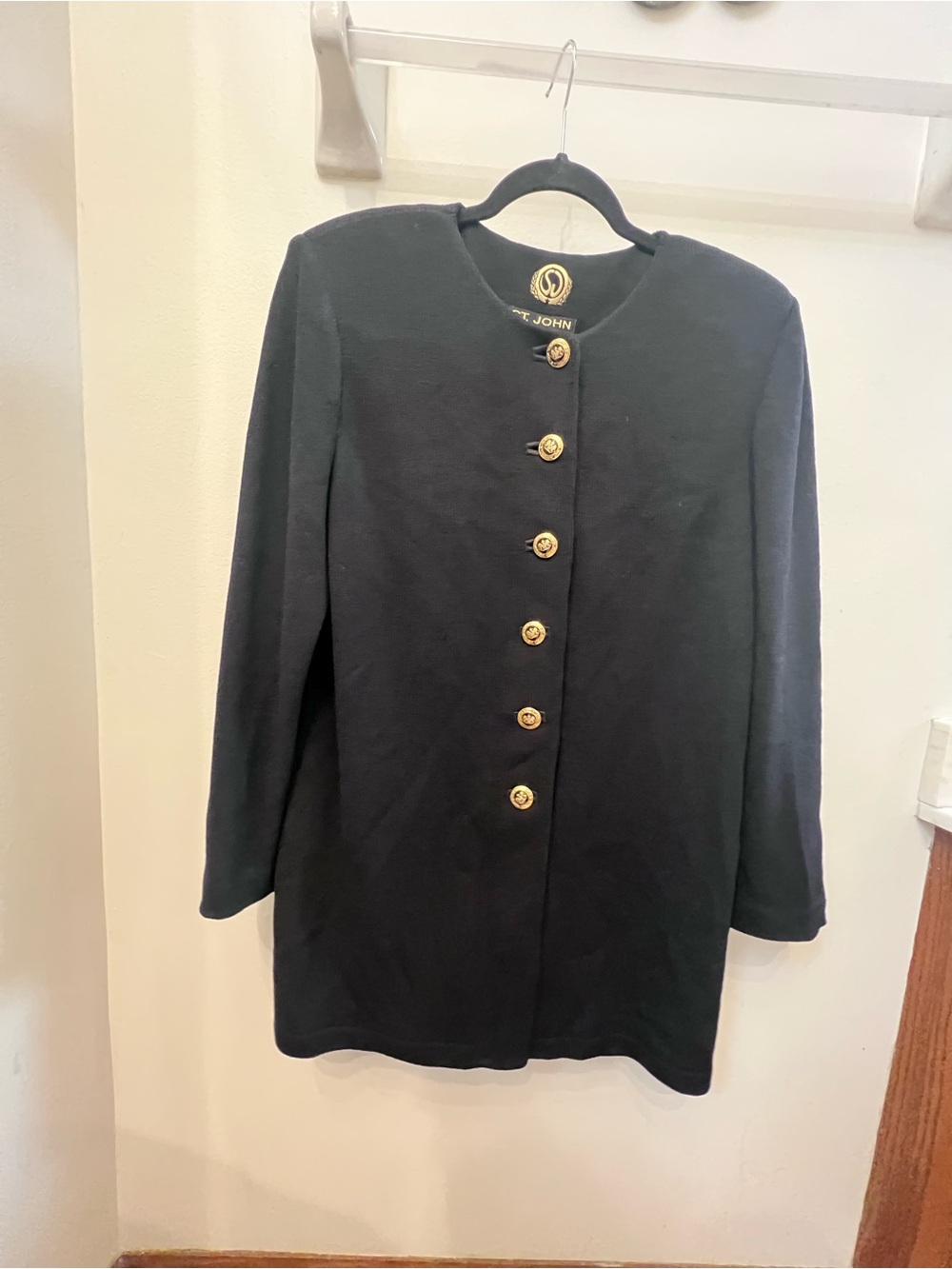 Vintage St. John Basics Black Santana Knit Long Jacket Lion Buttons